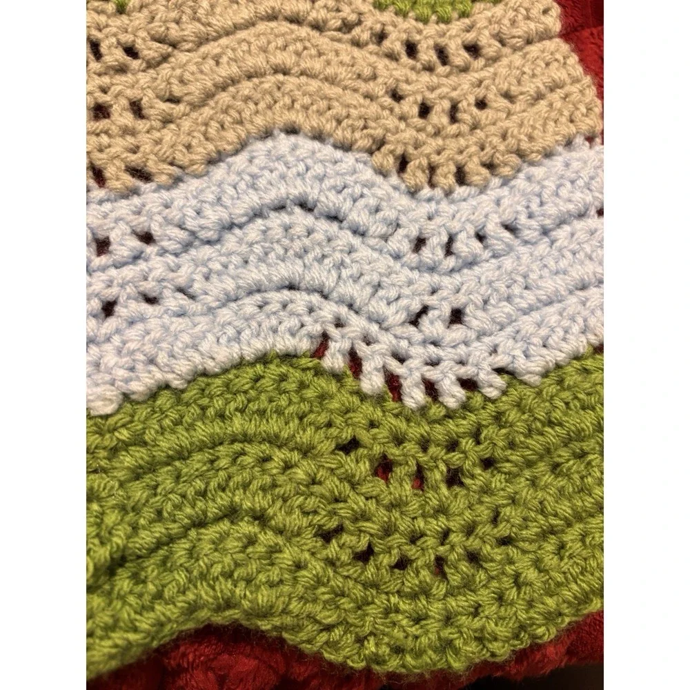 Baby Blanket Handmade Crochet Wave Stitch Green Gray Blue Stripes 25x21 Nursery